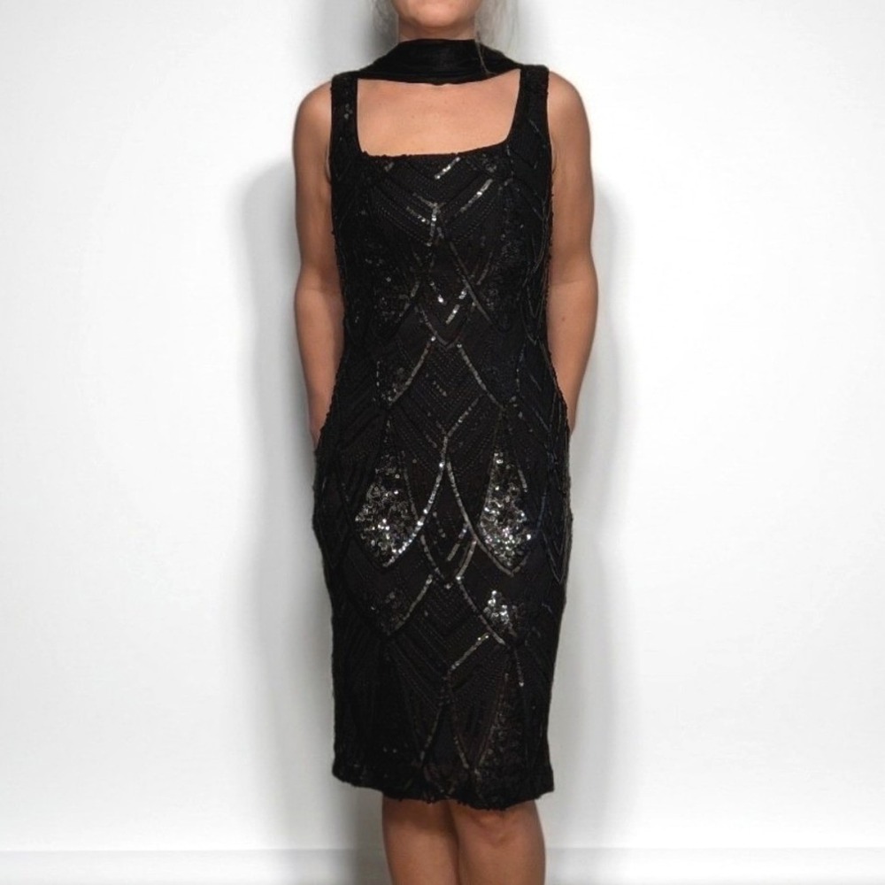 Fabiana Ferri Black Sequin Art Deco Midi Dress Nero Italian Size 44/L NEW Formal